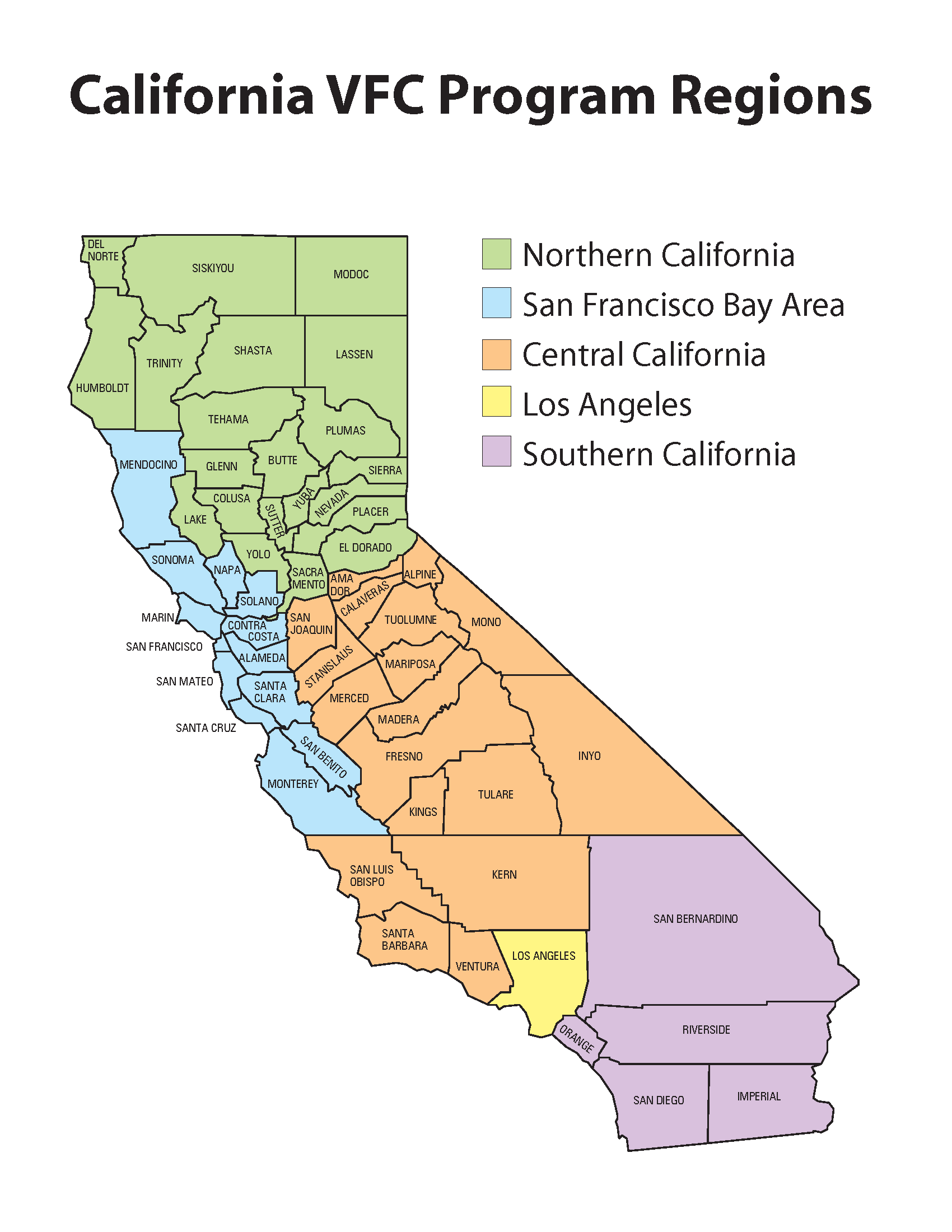 California VFC Regions Map (Northern, San Francisco Bay Area, Central, Los Angeles, Southern)